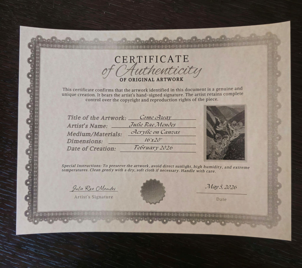 Certificate of Authenticity for Come Away original painting by Julie Rae