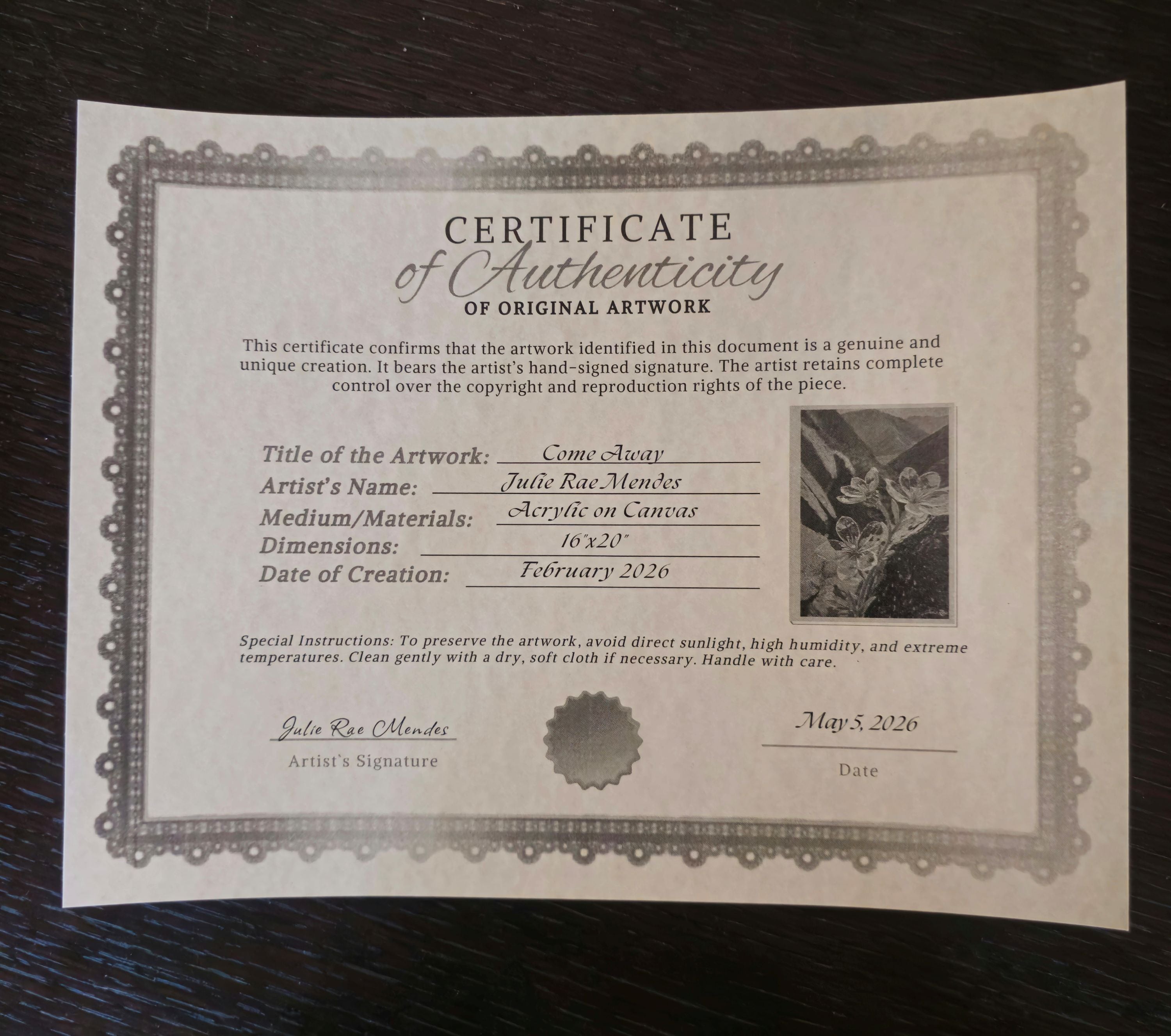 Certificate of Authenticity for Come Away original painting by Julie Rae