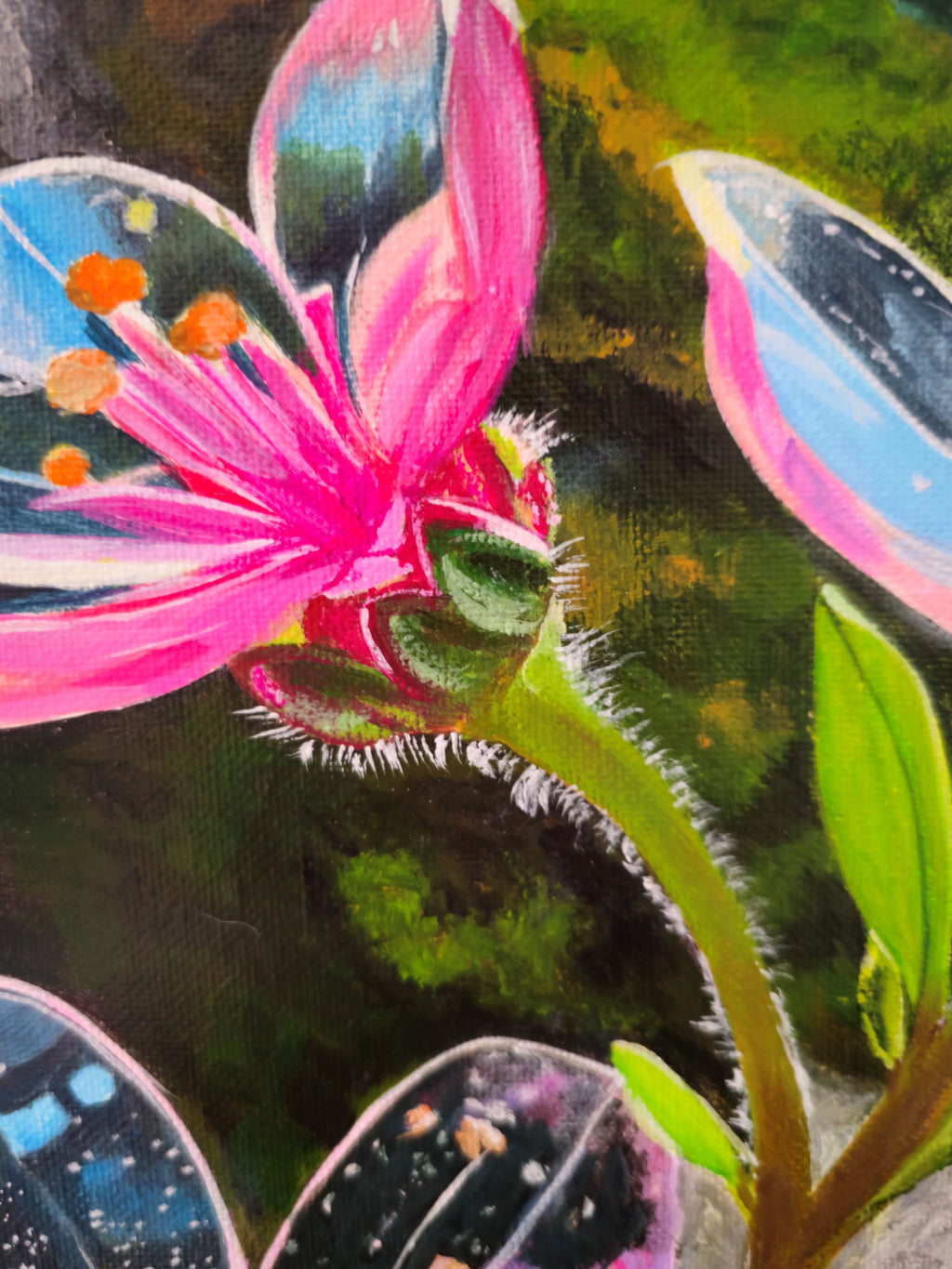 Close-up of flower detail in Come Away original acrylic painting by Julie Rae