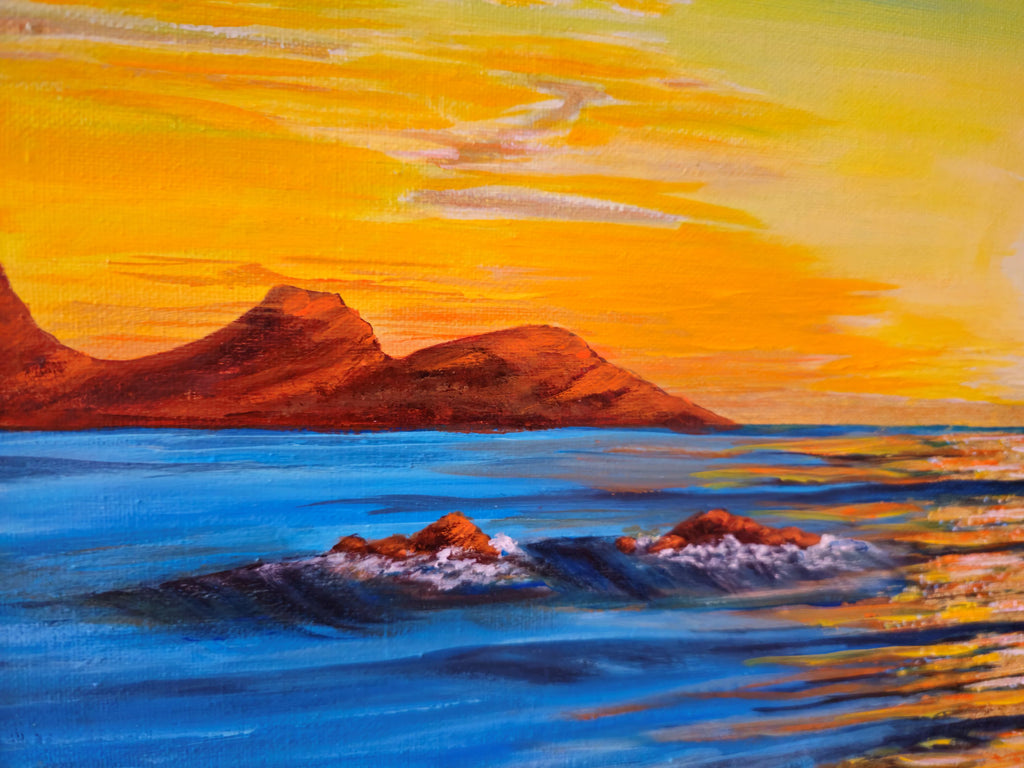 Close-up detail of God's Glory original acrylic painting, daisies and ocean by Julie Ra