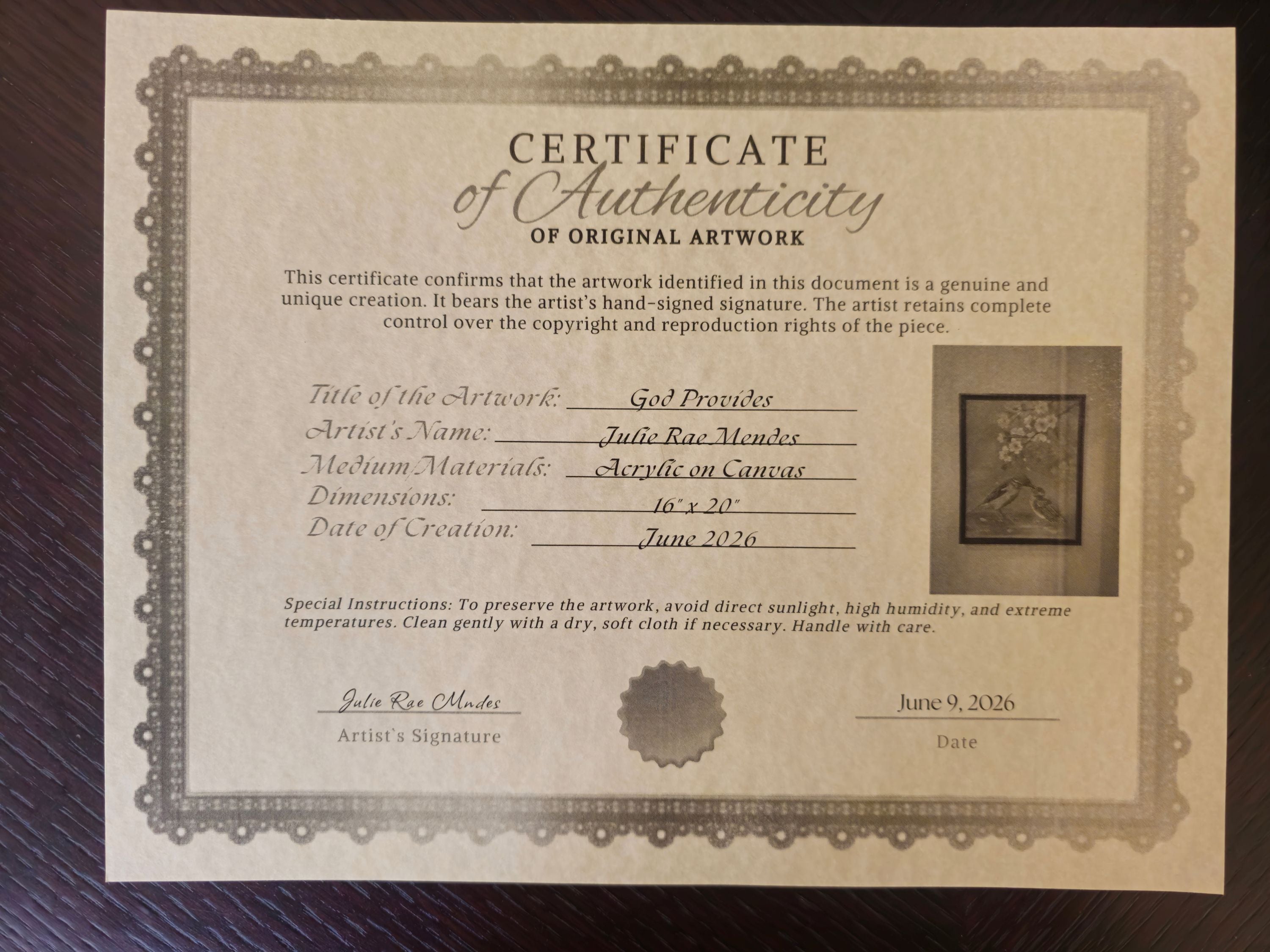 "Certificate of Authenticity for God Provides original acrylic painting by Julie Rae"
