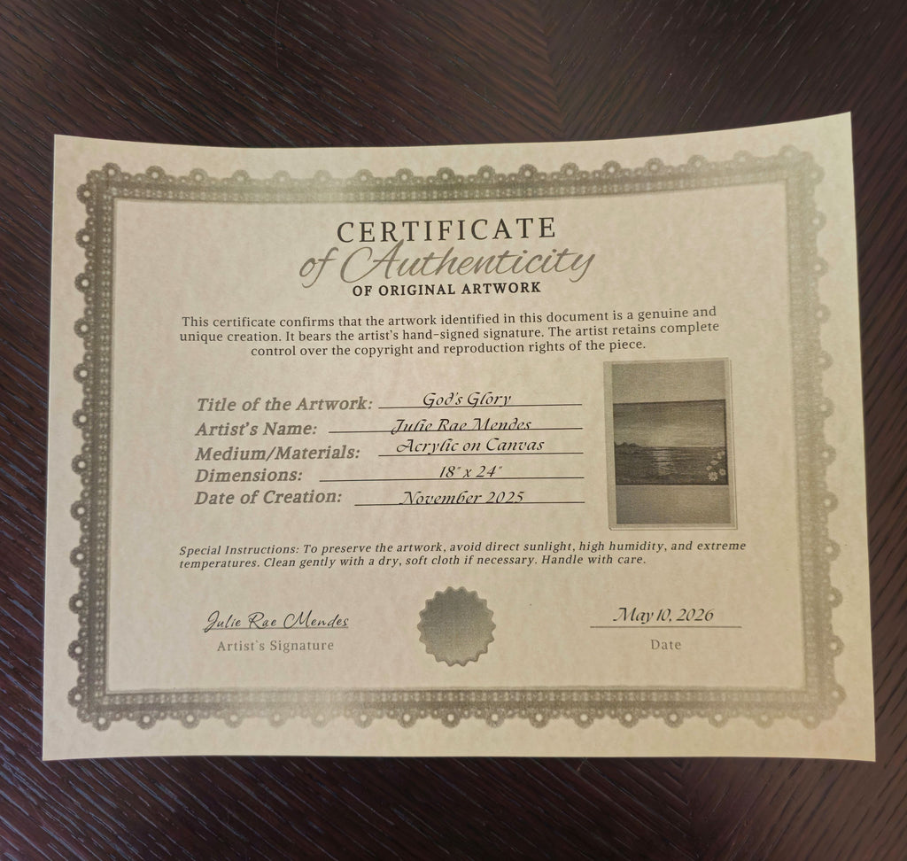 Certificate of Authenticity for God's Glory original painting by Julie Ra