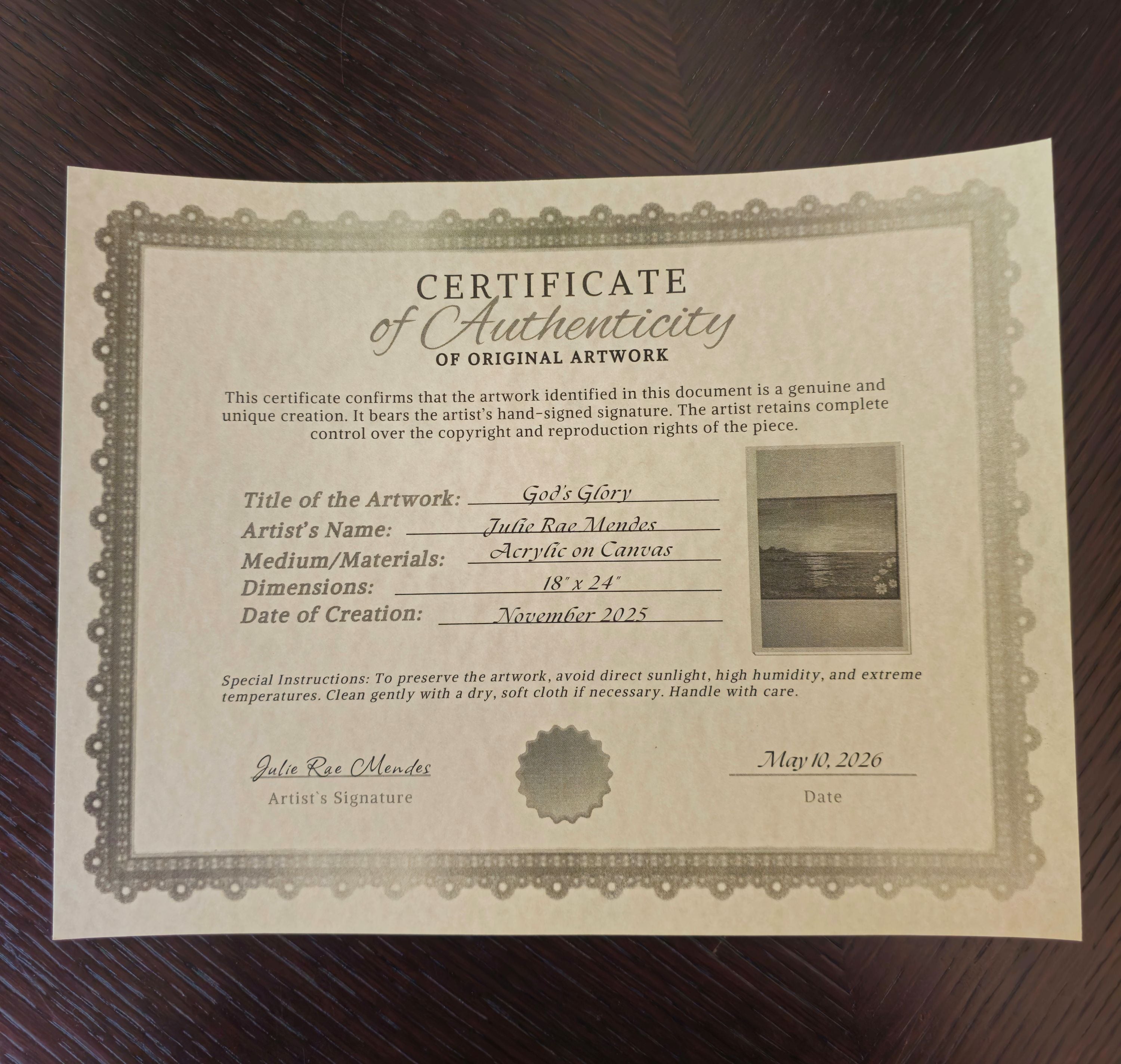 Certificate of Authenticity for God's Glory original painting by Julie Ra