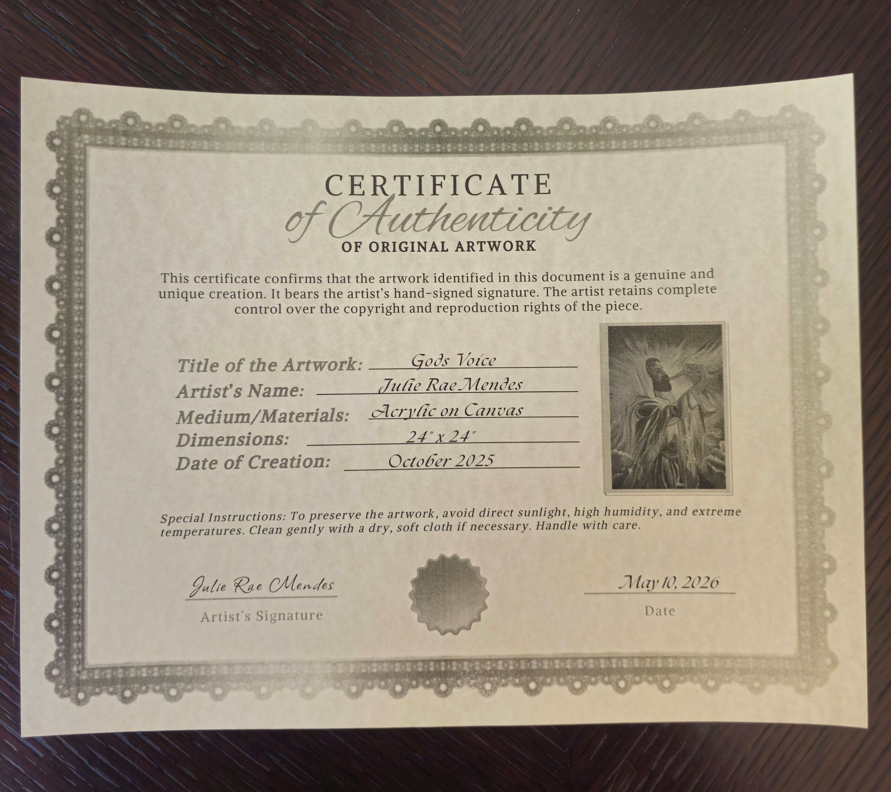 Certificate of Authenticity for God's Voice original painting by Julie Rae