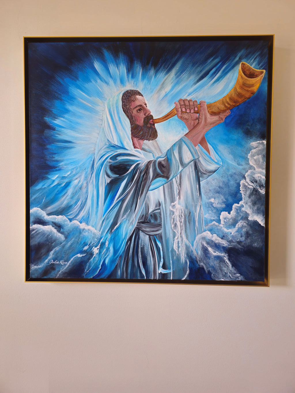 God's Voice original acrylic painting by Julie Rae, displayed on wall, Christian fine art

