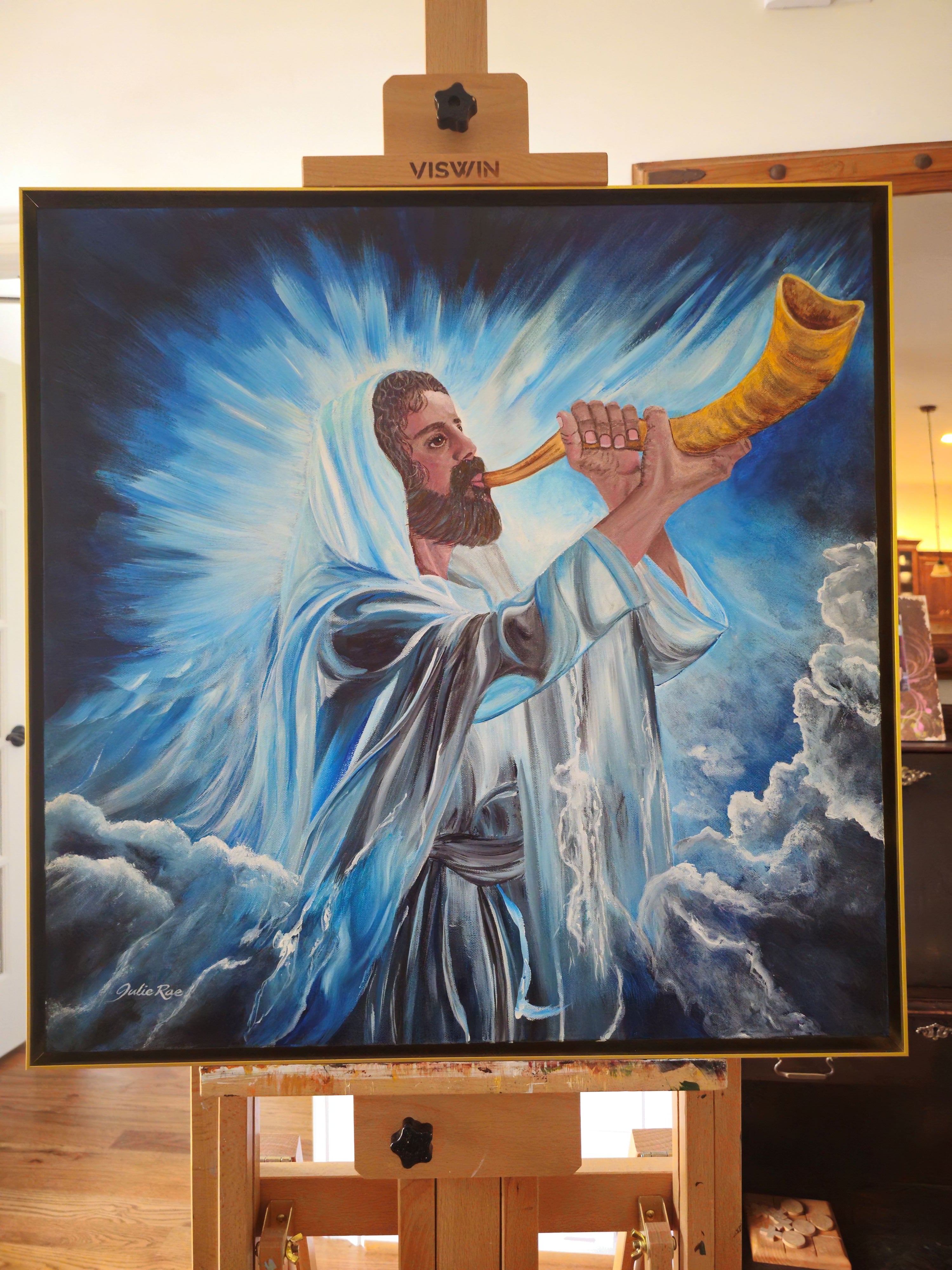 God's Voice original painting displayed on easel, Christian fine art by Julie Rae