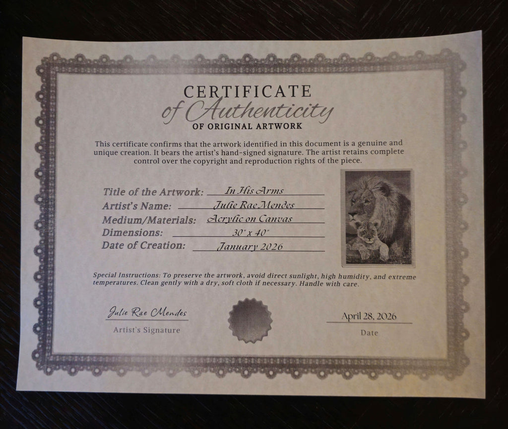 Certificate of Authenticity for In His Arms original painting by Julie Rae