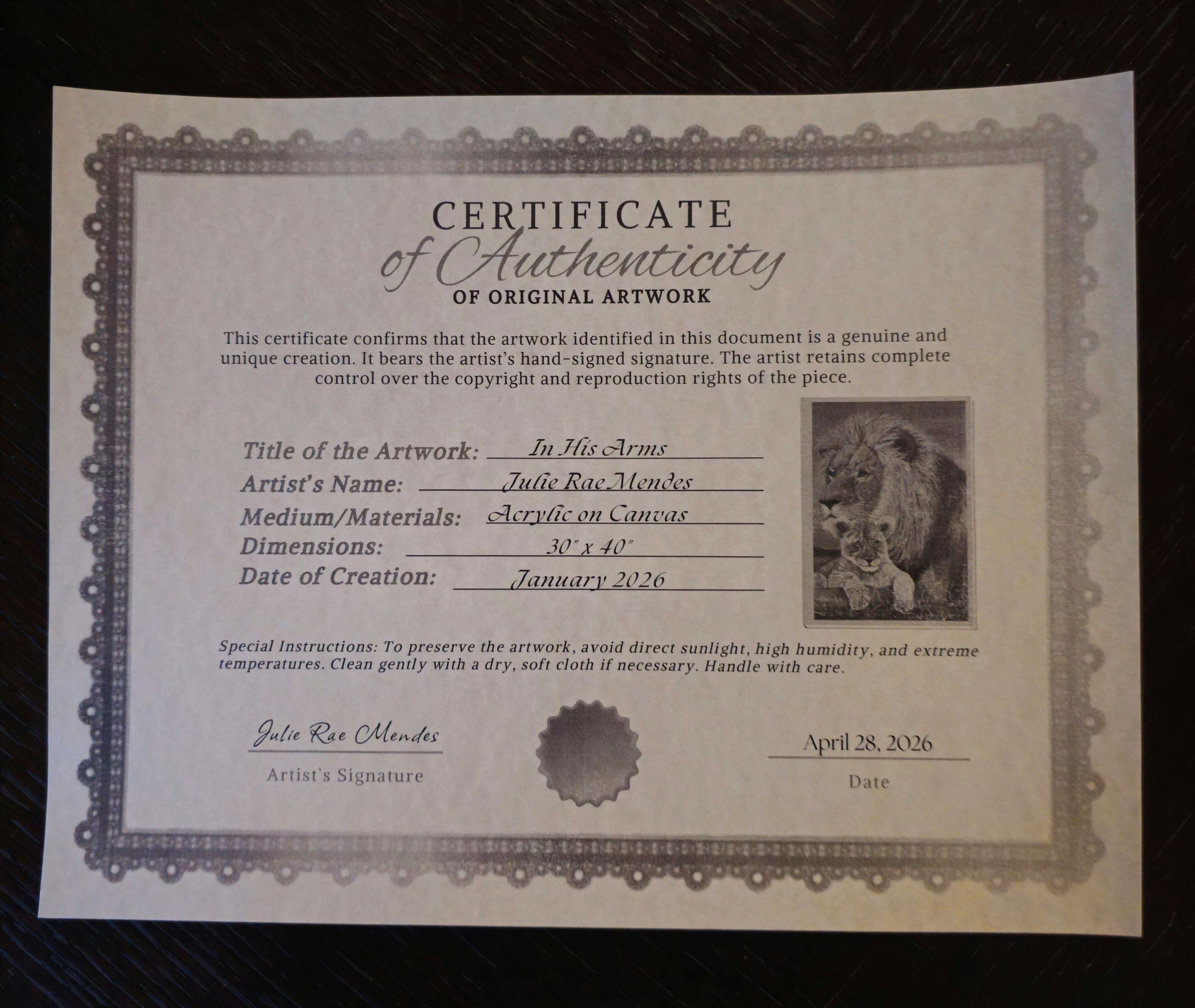 Certificate of Authenticity for In His Arms original painting by Julie Rae