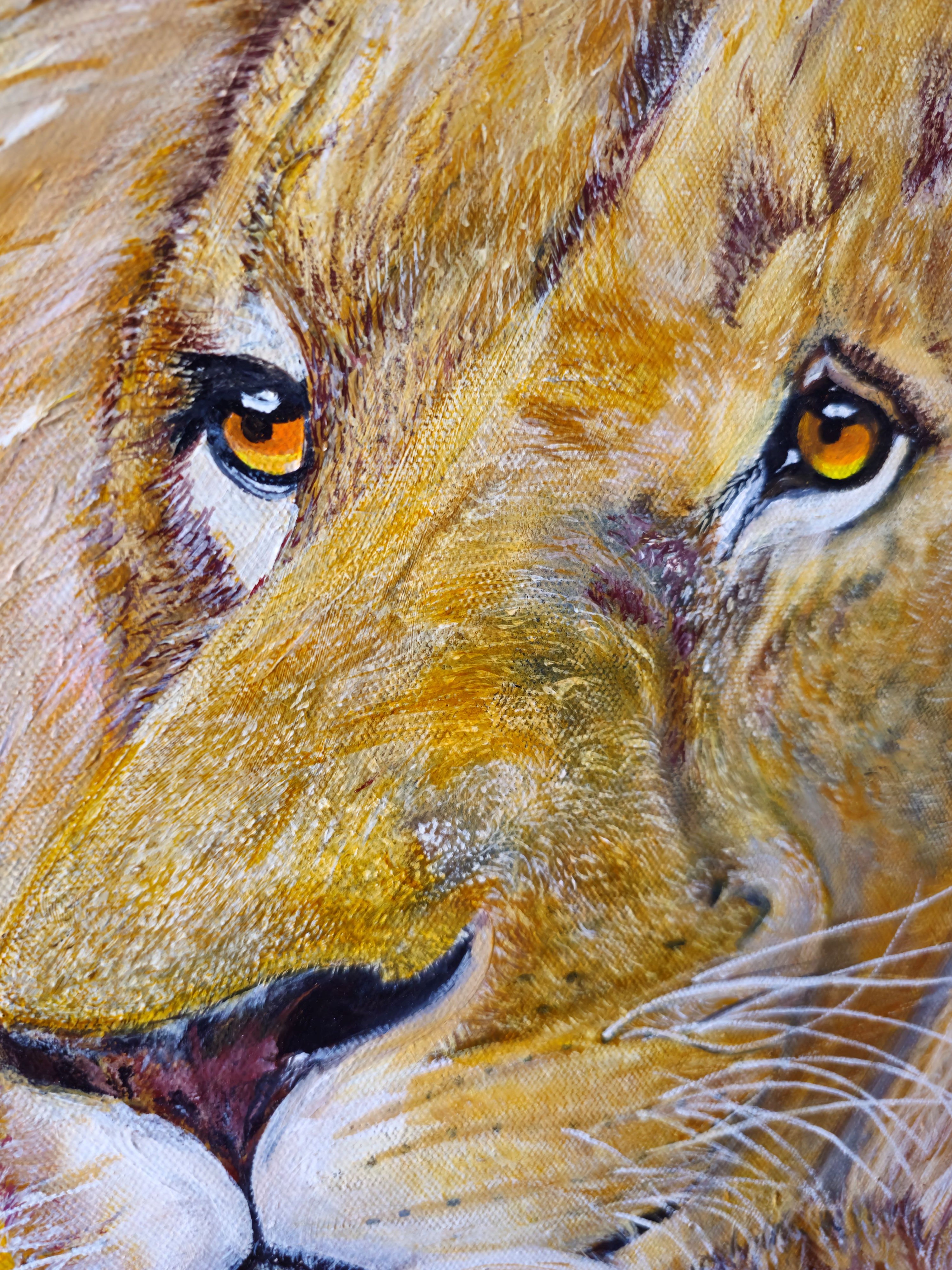 Close-up detail of lion and cub faces in In His Arms original acrylic painting by Julie Rae