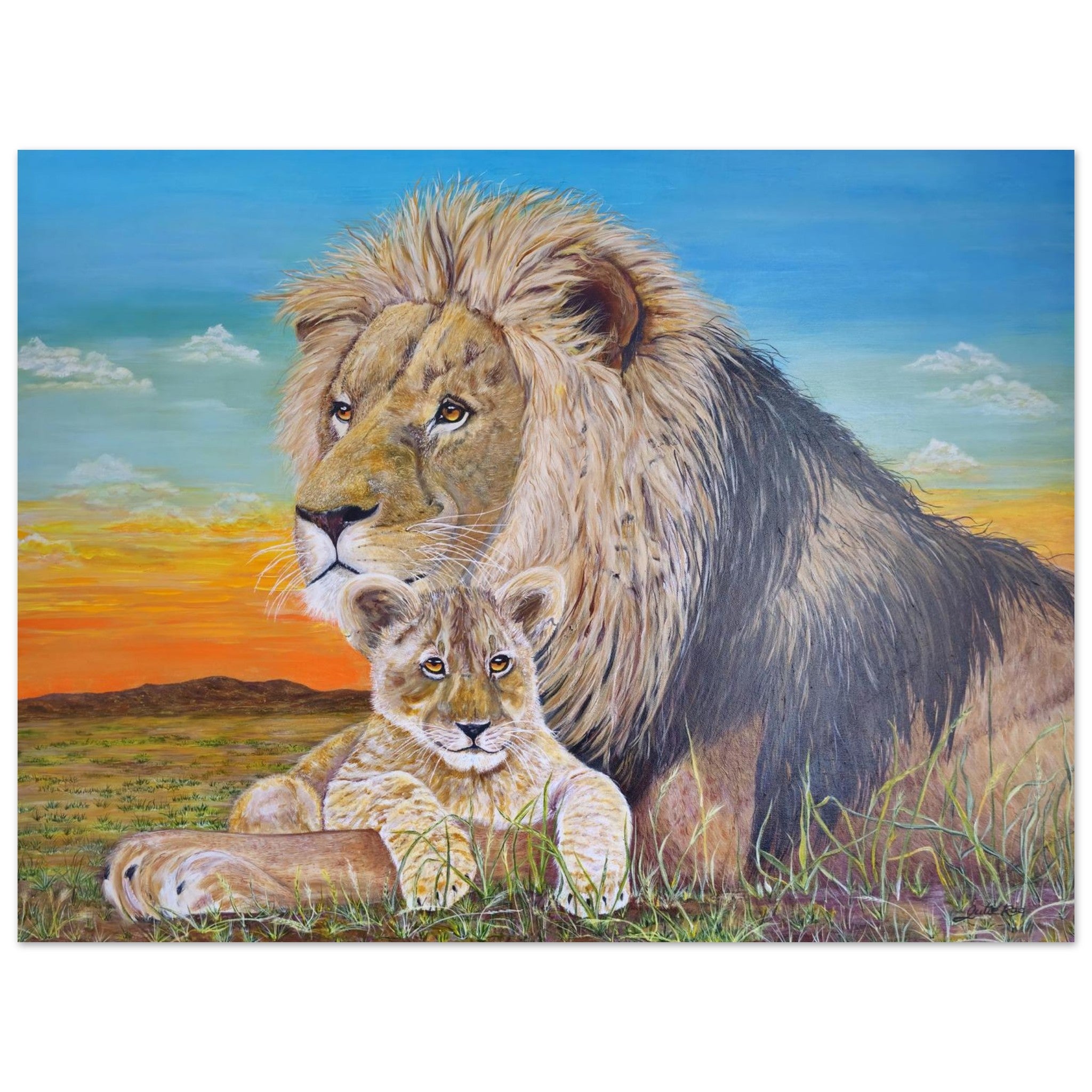 In His Arms-- Original 30x40 acrylic painting of a lion and cub at sunrise, Christian prophetic fine art by Julie Rae