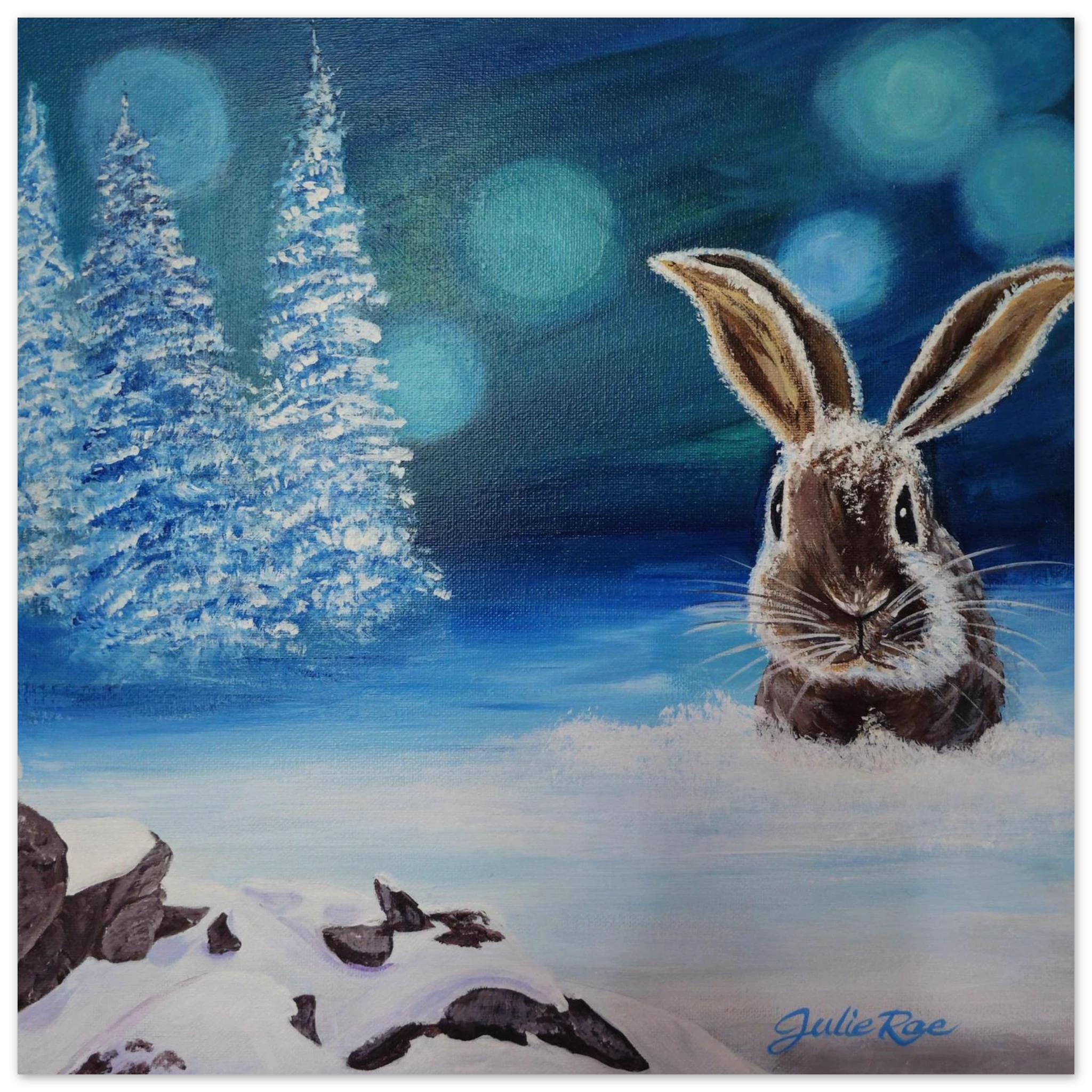 "In the Quiet — prophetic Christian fine art print of a bunny in the snow, sitting quietly in God's presence, inspired by Psalm 27:14, by Julie Rae Art"
