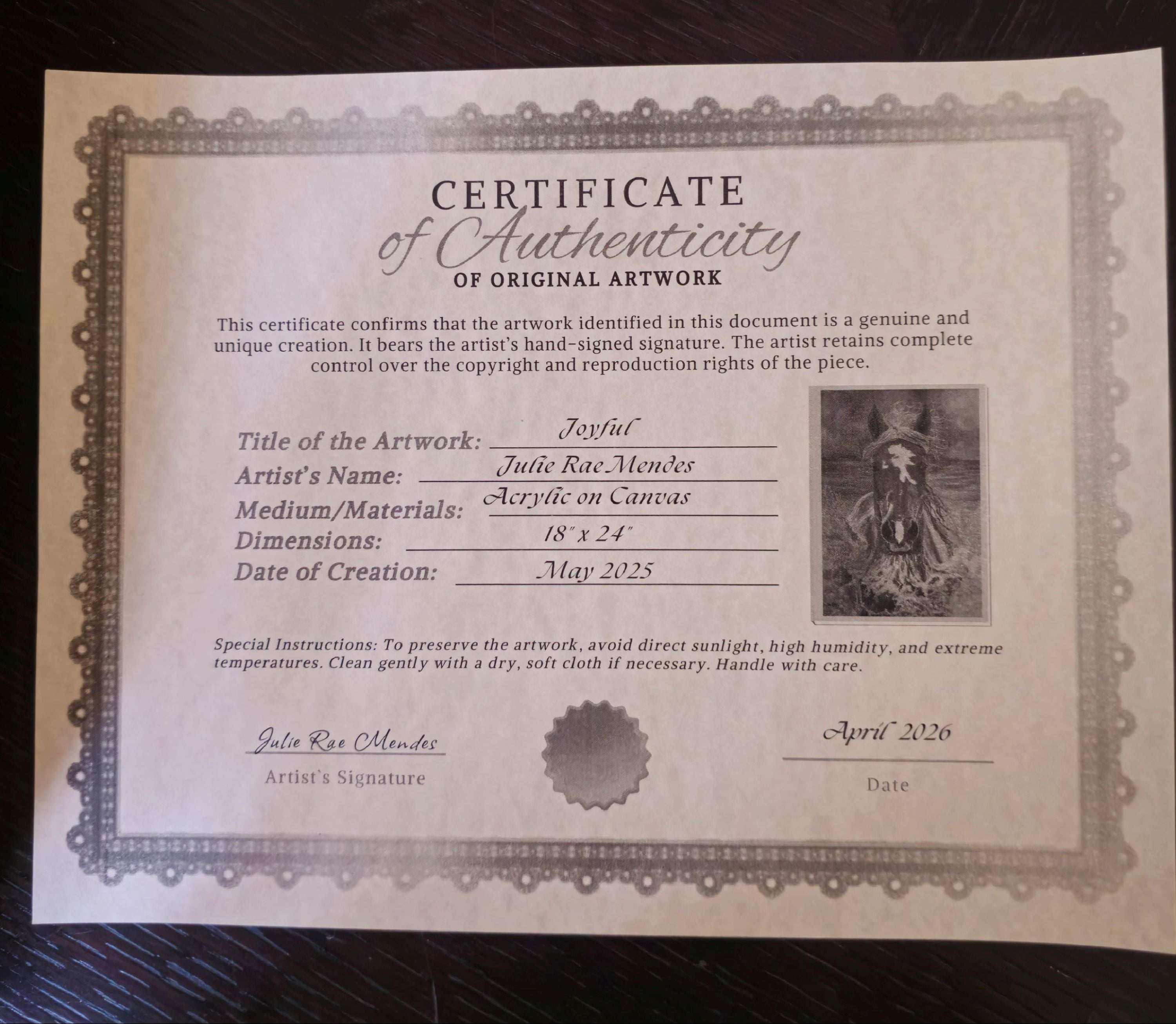 Certificate of Authenticity for Joyful original painting by Julie Rae