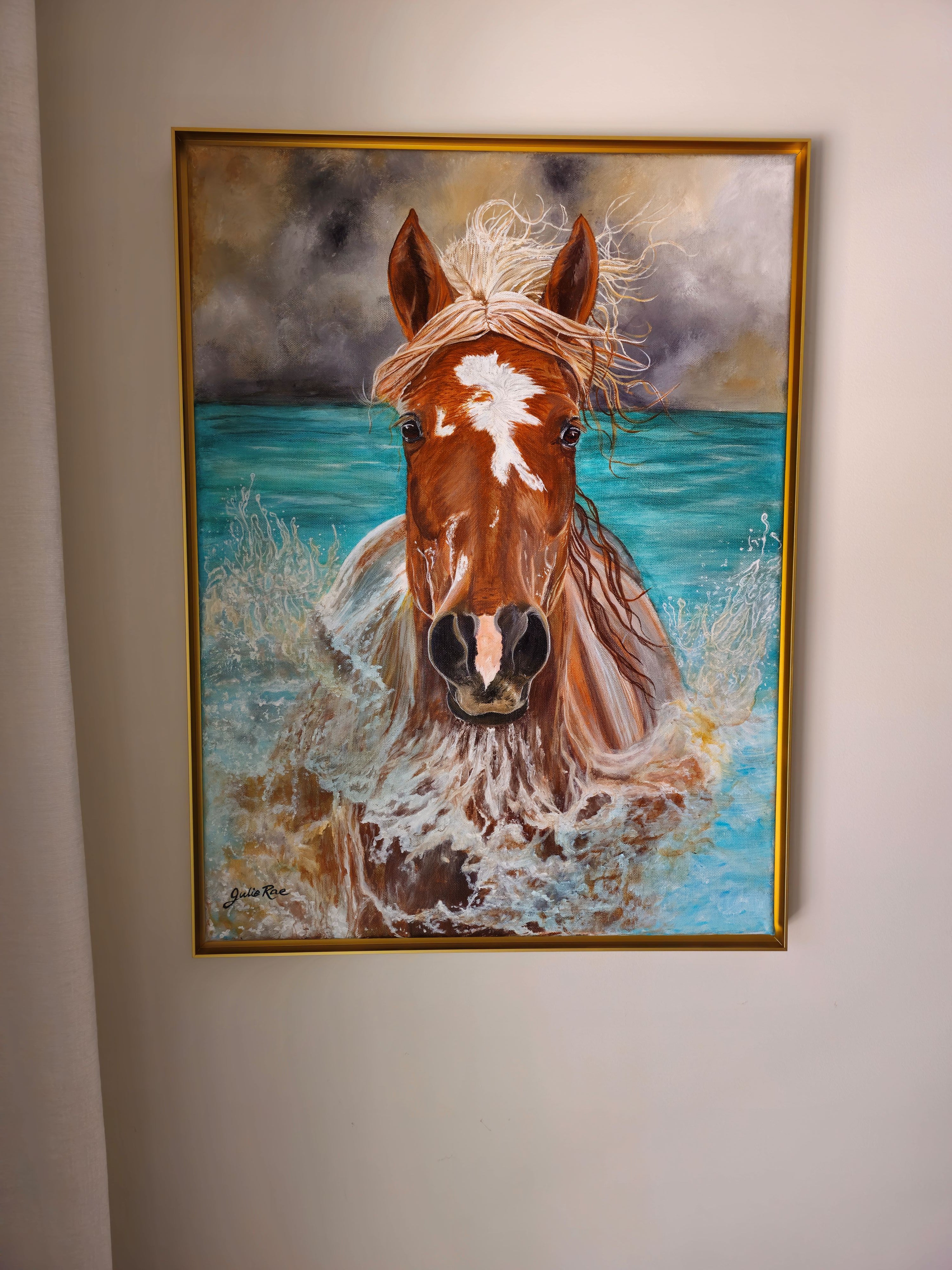 Joyful original painting displayed on wall, Christian fine art by Julie Rae