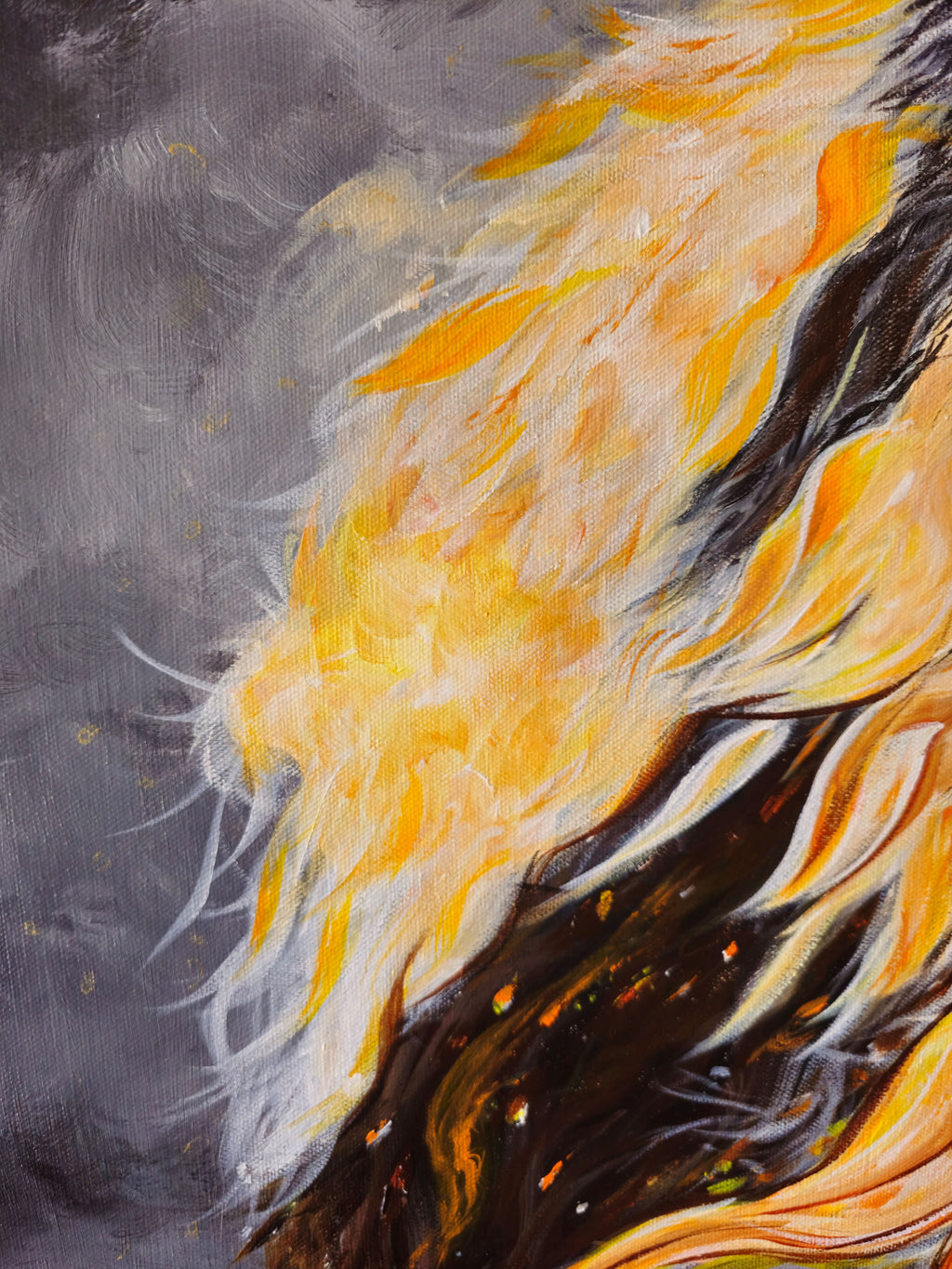Close-up detail of the lion's mane in The Lion of Judah original acrylic painting by Julie Rae