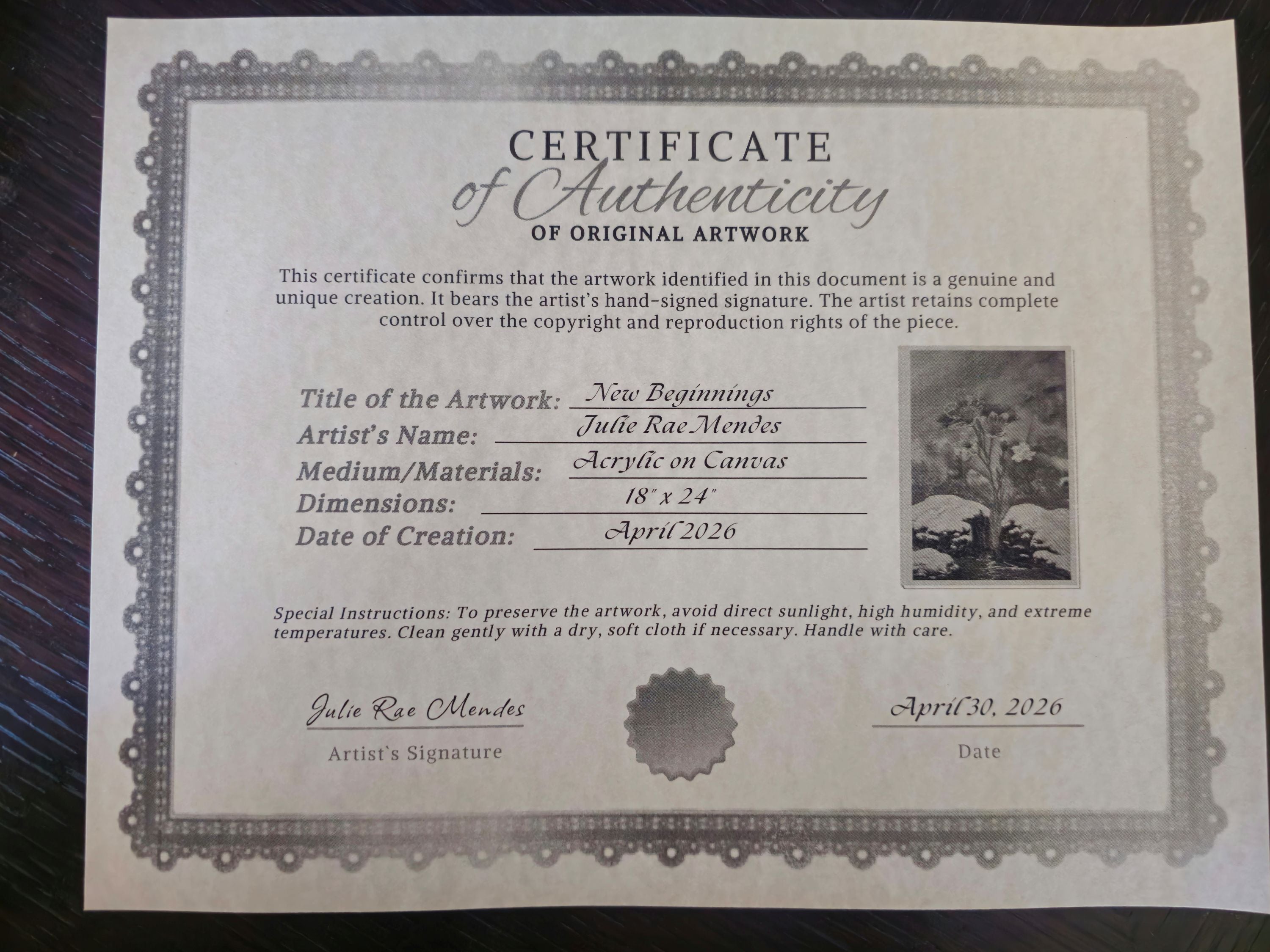 Certificate of Authenticity for New Beginnings original painting by Julie Rae