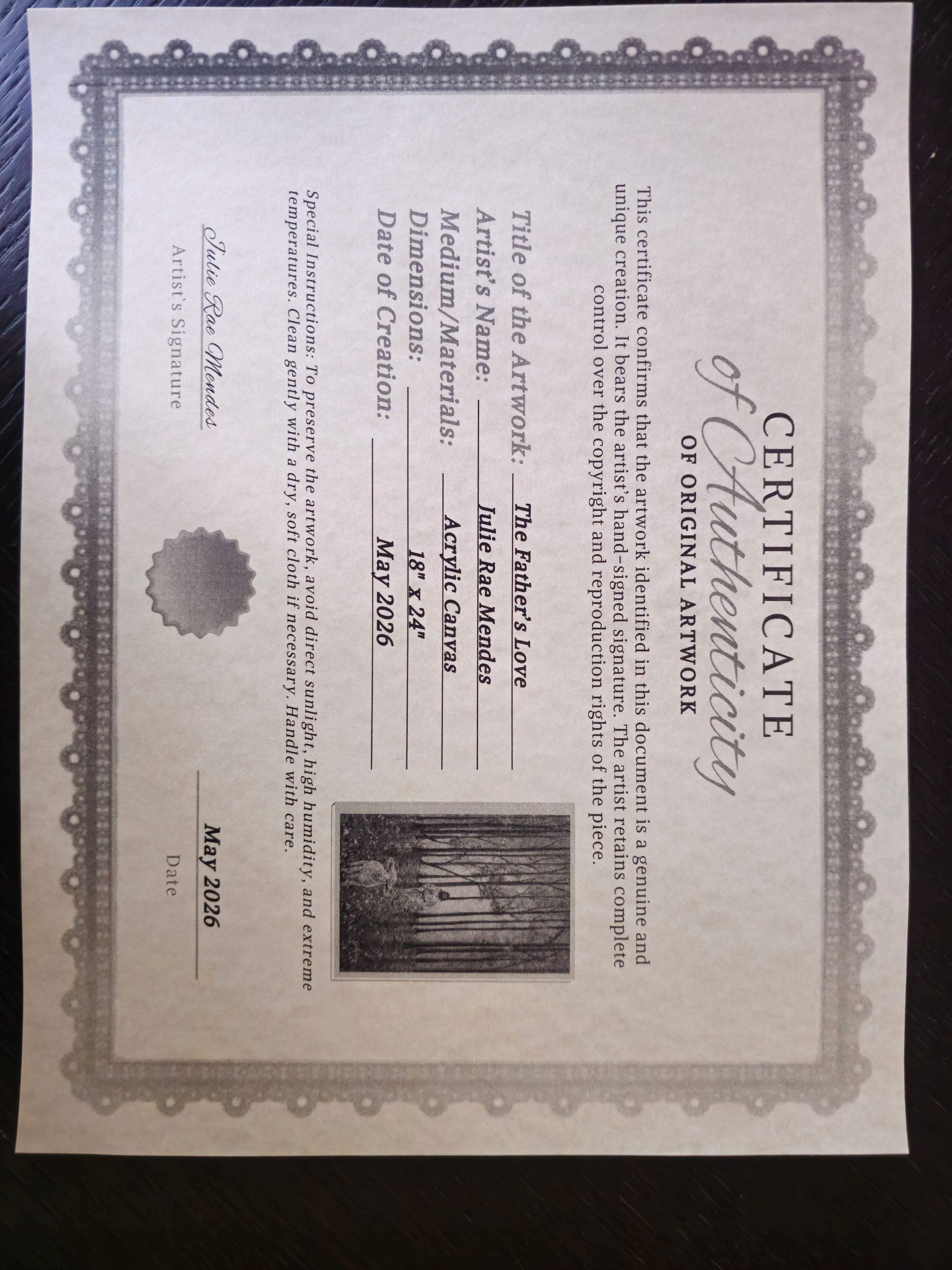 Certificate of Authenticity for The Father's Love original acrylic painting by Julie Rae Art