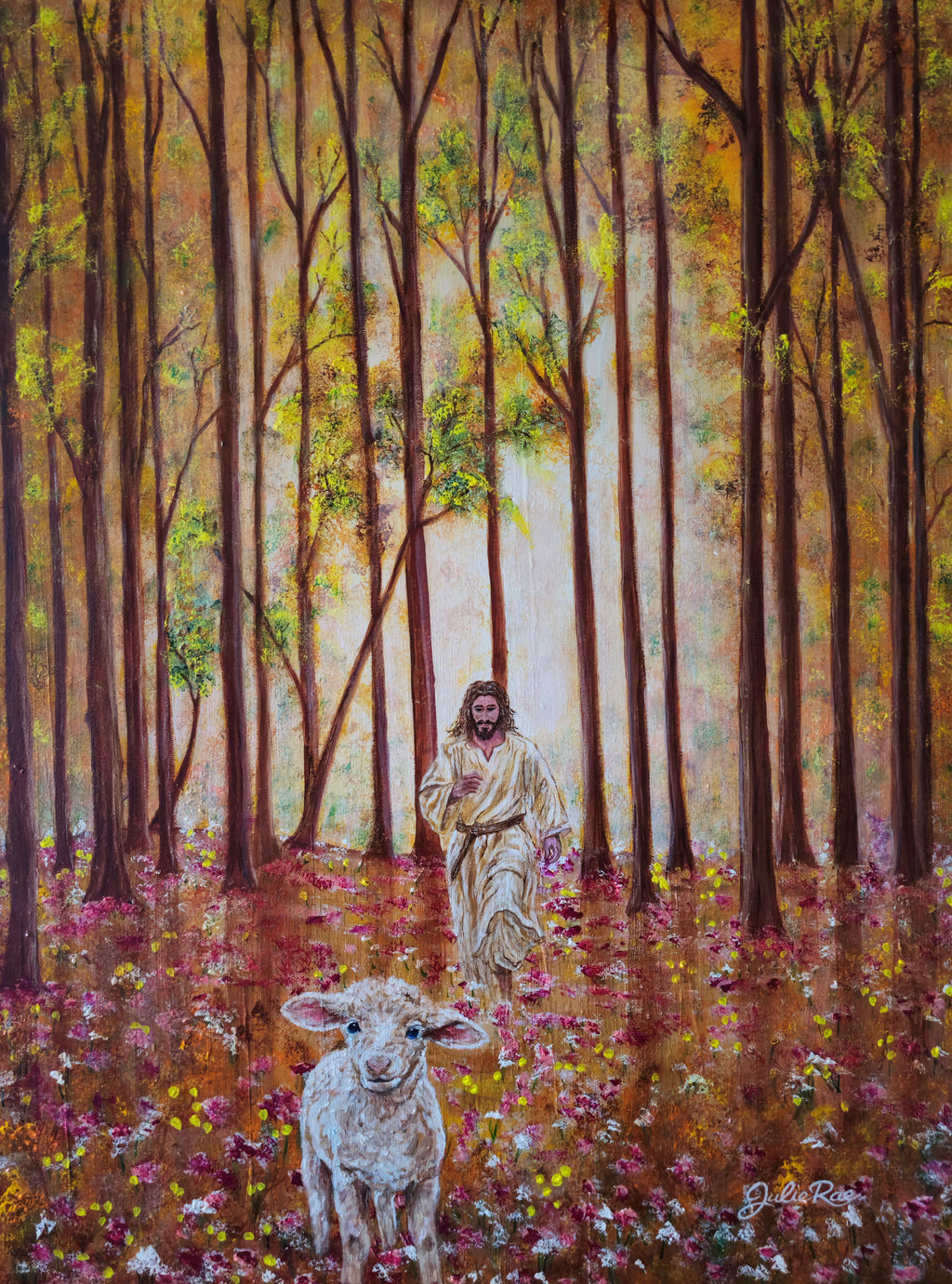 Original acrylic painting of a shepherd carrying a lamb through a forest, inspired by Luke 15:4-7, 18x24 inches, gold metal frame — The Father's Love by Julie Rae Art