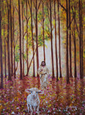 Original acrylic painting of a shepherd carrying a lamb through a forest, inspired by Luke 15:4-7, 18x24 inches, gold metal frame — The Father's Love by Julie Rae Art