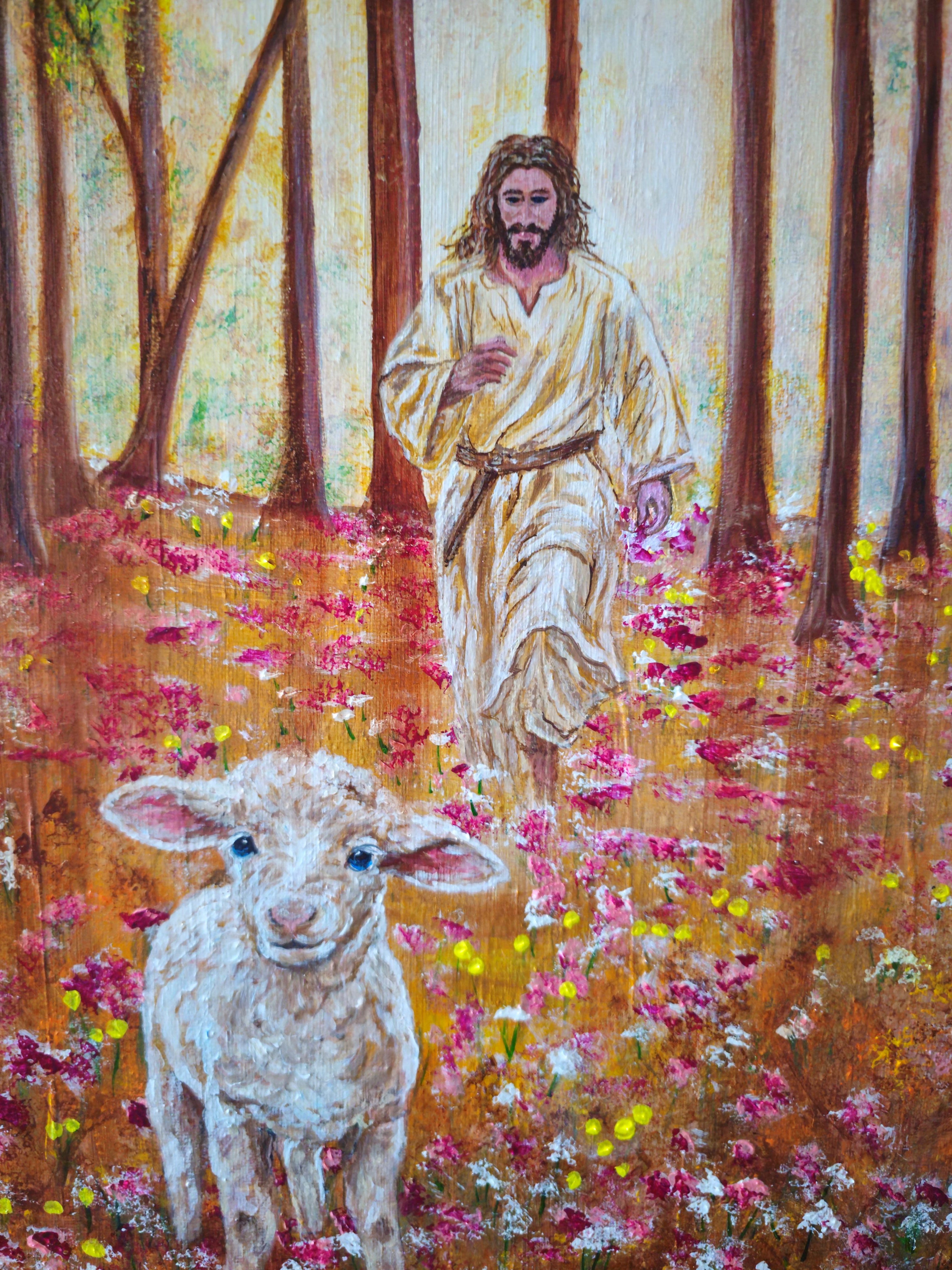 Father's Love closeup — original acrylic painting detail of a shepherd running toward a lamb in a forest, faith-based fine art by Julie Rae Art