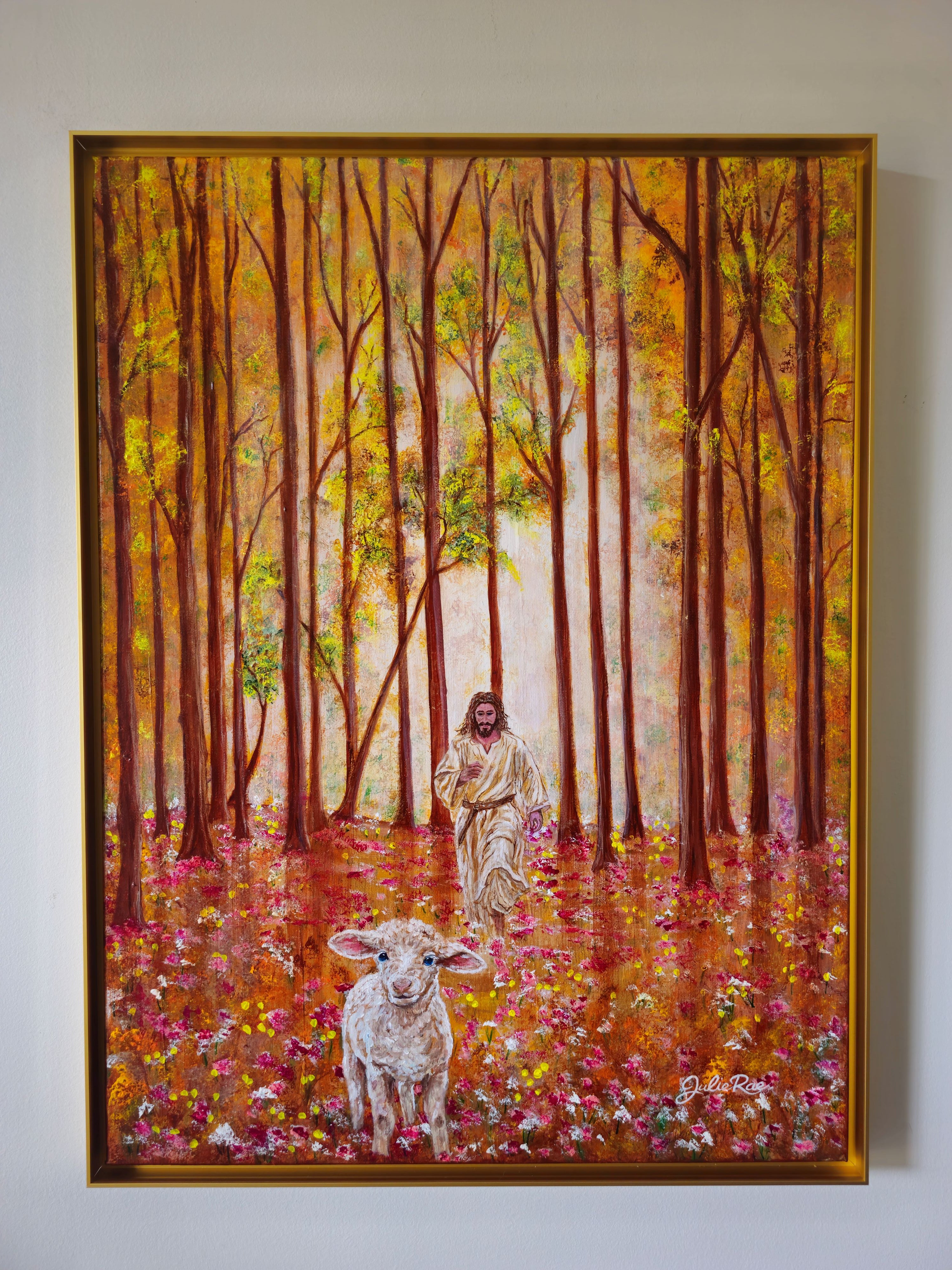The Father's Love original acrylic painting by Julie Rae, displayed on wall, Christian fine art