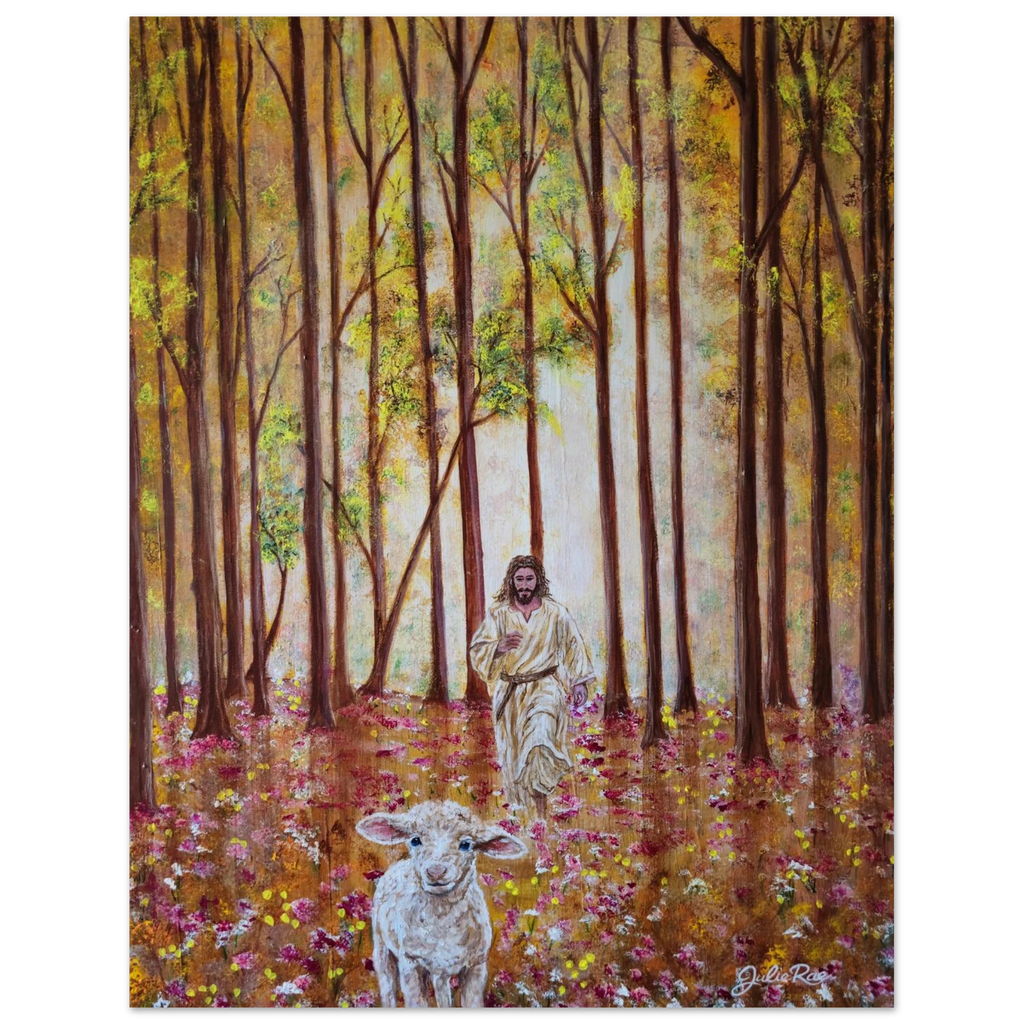 "The Father's Love" museum-quality matte paper poster print — original acrylic painting by Julie Rae Art, faith-based Christian wall art, shepherd and lamb, Luke 15:4-7
