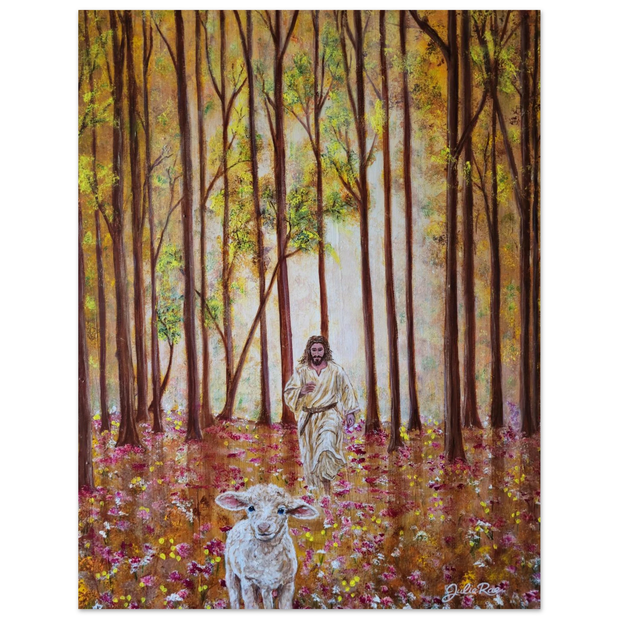 "The Father's Love" museum-quality matte paper poster print — original acrylic painting by Julie Rae Art, faith-based Christian wall art, shepherd and lamb, Luke 15:4-7