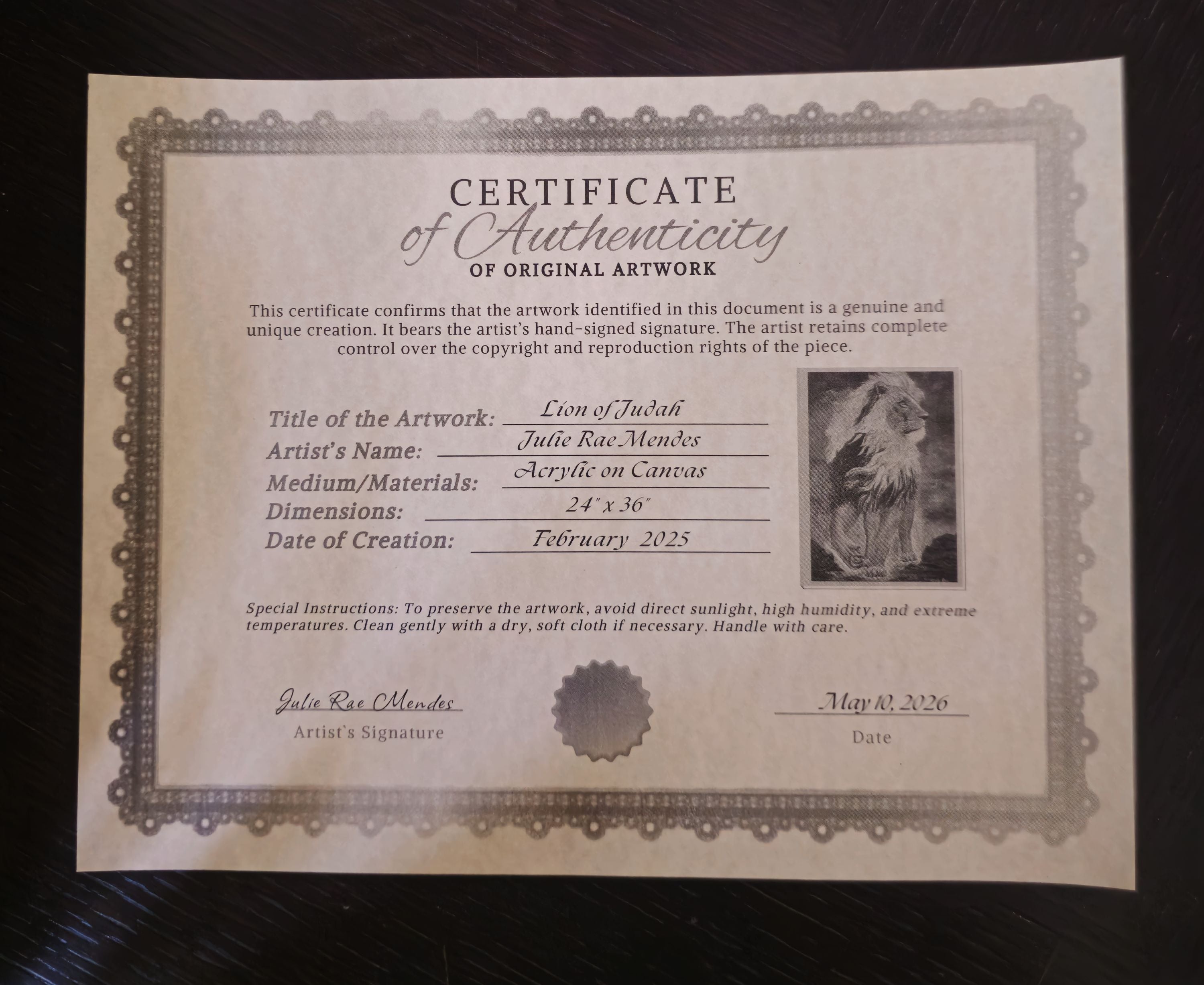 Certificate of Authenticity for the Lion of Judah Original painting.