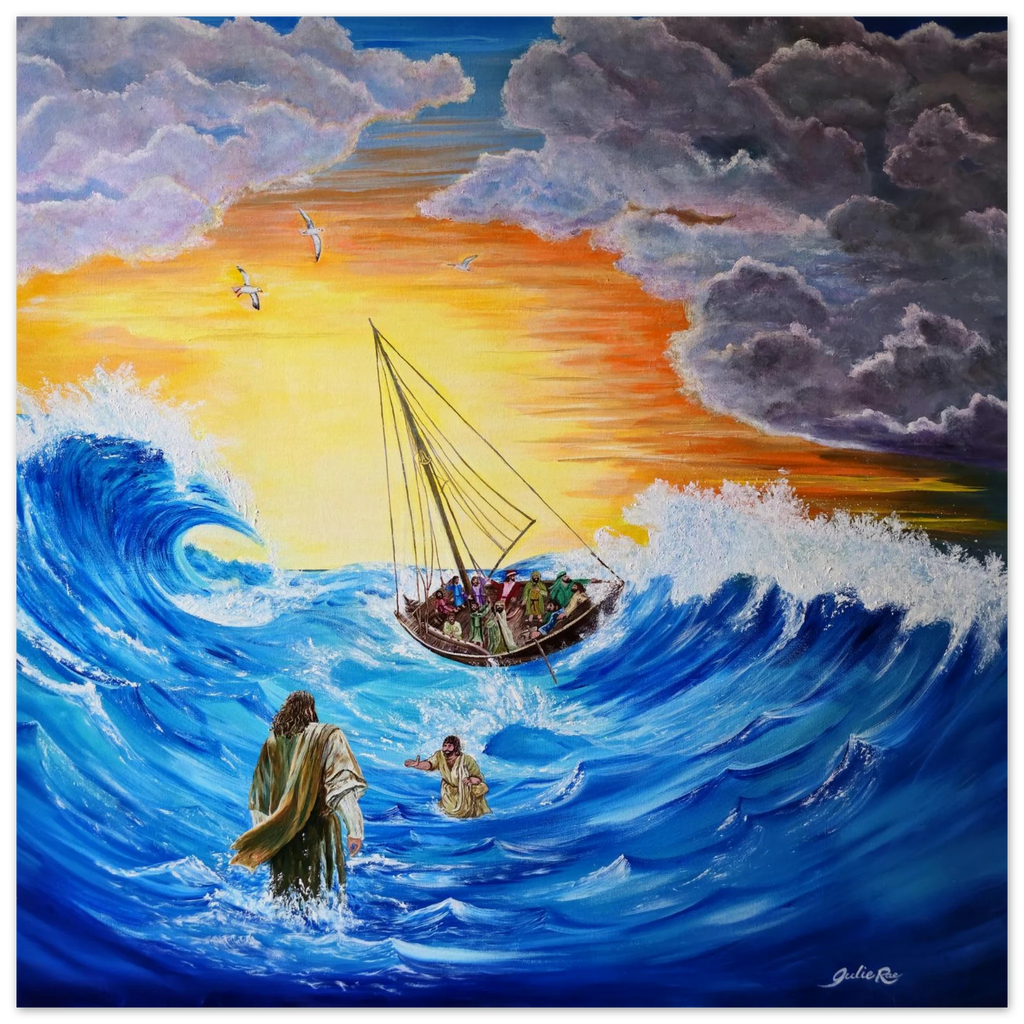 The Storm by Julie Rae, depicting Jesus reaching toward Peter amid blue waves, with a boat beneath storm clouds and a golden sky.

