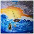 The Storm by Julie Rae, depicting Jesus reaching toward Peter amid blue waves, with a boat beneath storm clouds and a golden sky.
