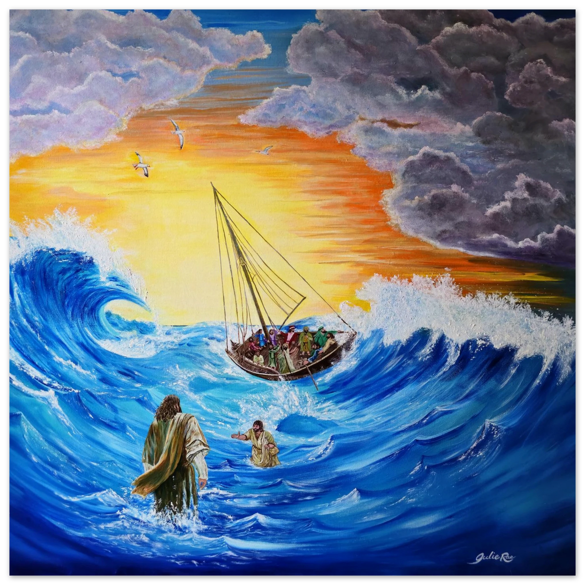 The Storm by Julie Rae, depicting Jesus reaching toward Peter amid blue waves, with a boat beneath storm clouds and a golden sky.
