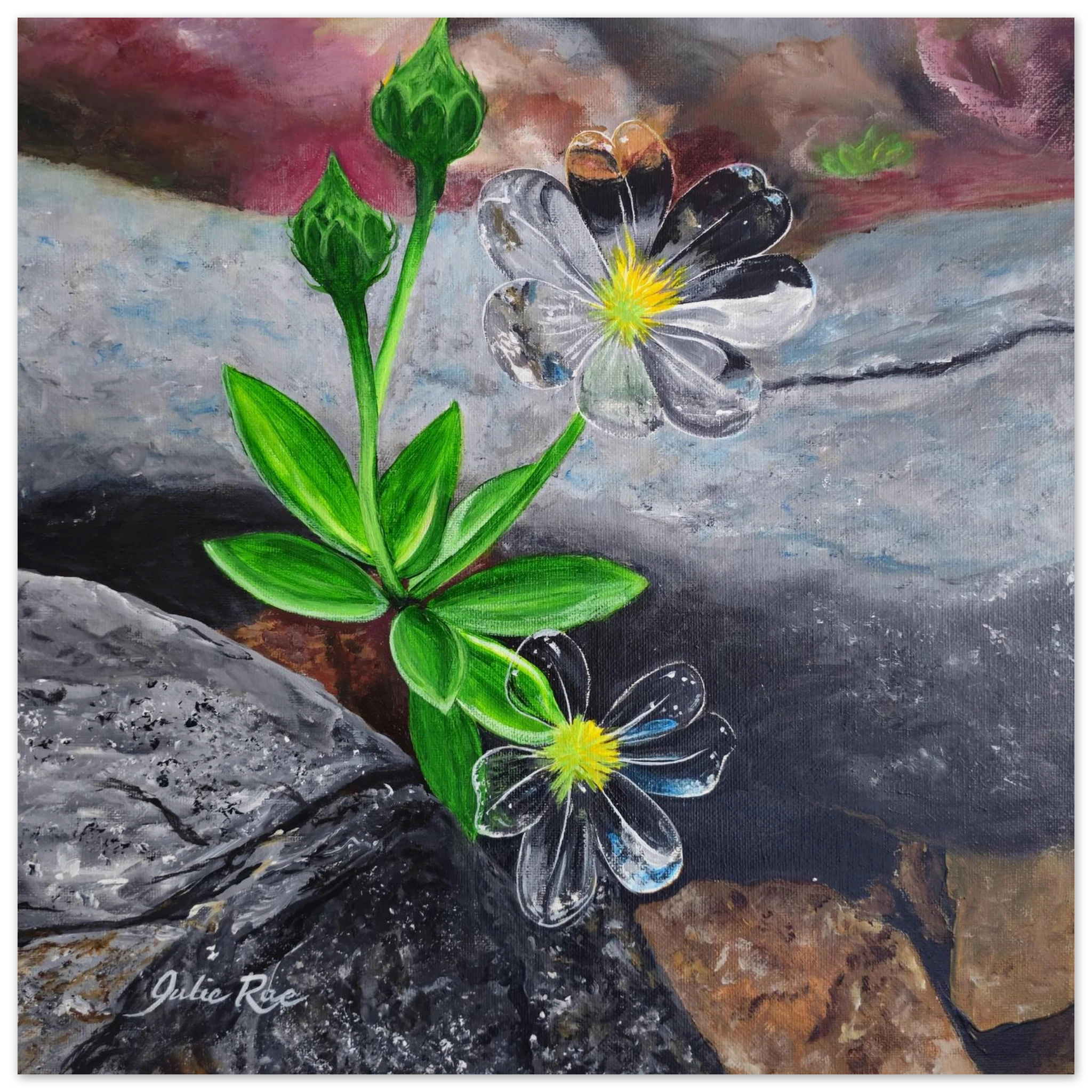 "Clear as Glass" faith-based art print — two transparent glass flowers among rocks, inspired by Revelation, by Julie Rae Art