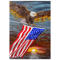 "Pray America" faith-based art print — bald eagle with wings spread gripping the American flag at sunset, by Julie Rae Art