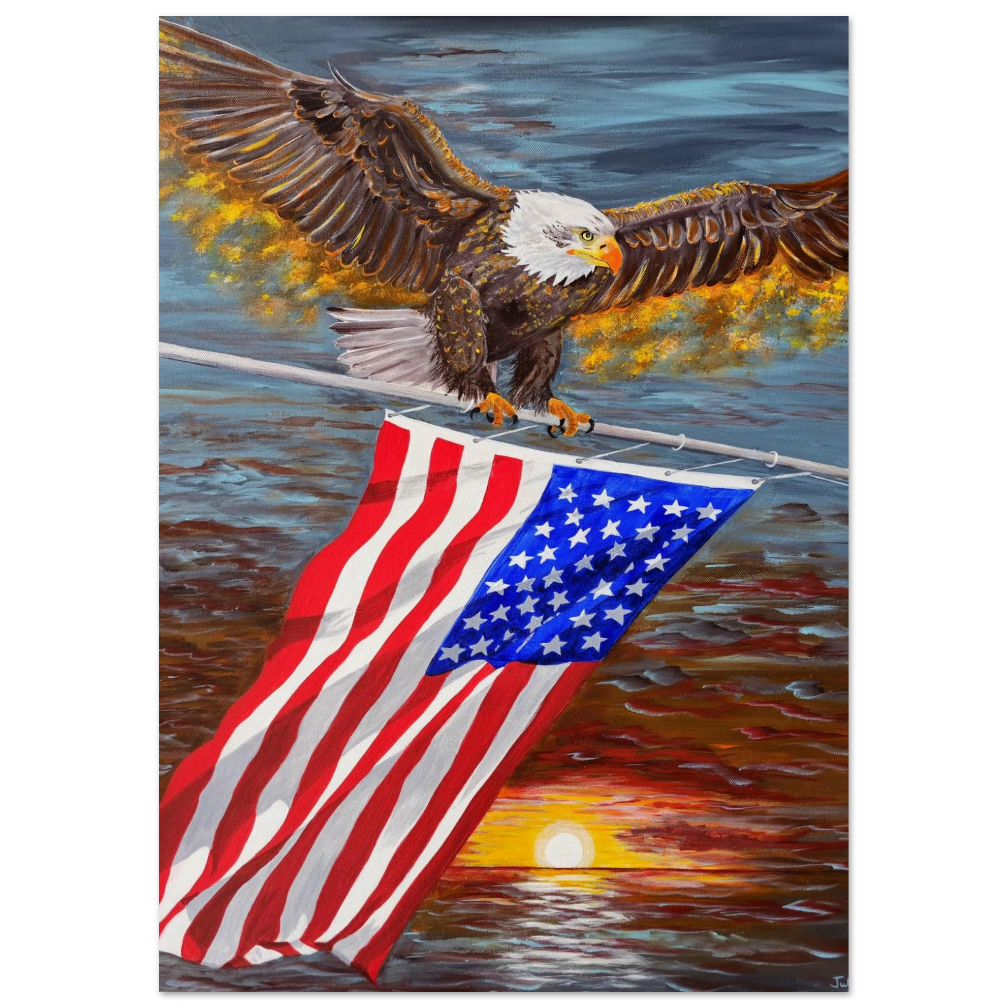 "Pray America" faith-based art print — bald eagle with wings spread gripping the American flag at sunset, by Julie Rae Art